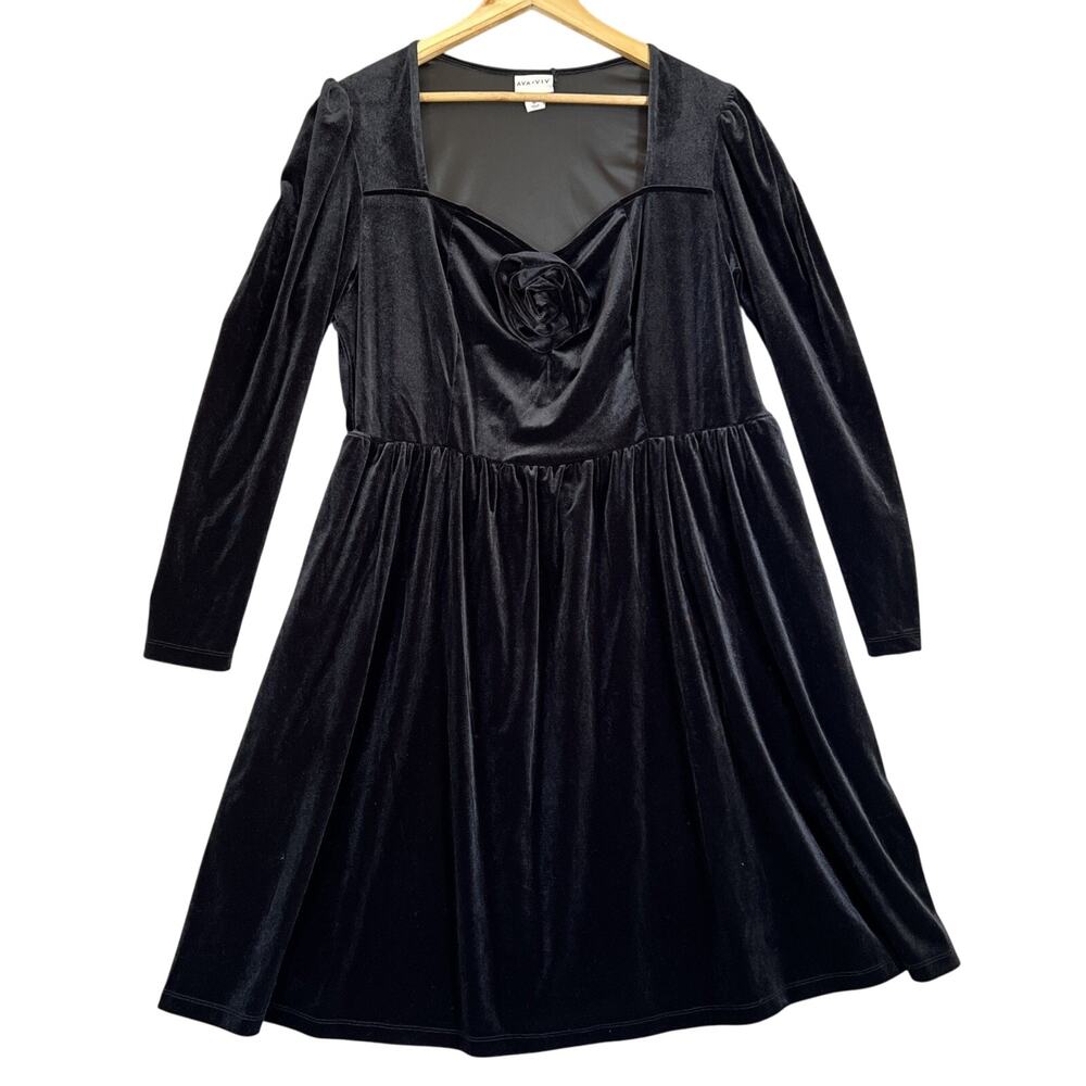 Ava & Viv Dress Womens 1X Black Velour Knee Length Rosette Pockets Cocktail NEW